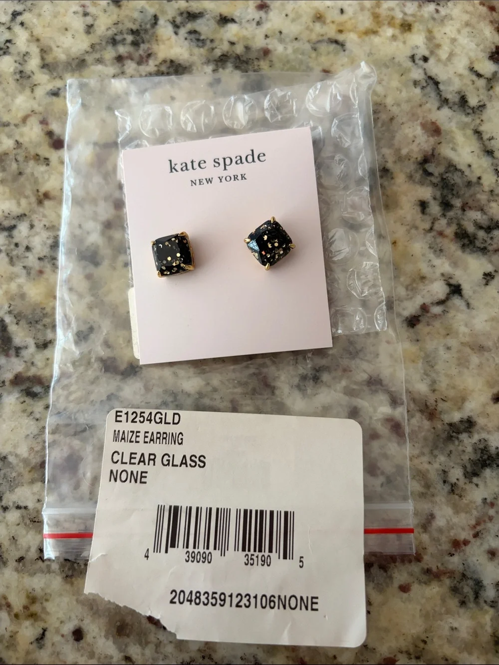 NWT kate spade Black and Gold Confetti Maize clear glass Square Stud Earrings